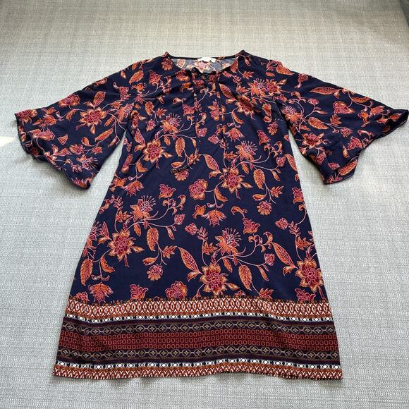 Boho Floral Mini Dress Small Bell Sleeve Blue Festival Whimsy Garden Party - Picture 1 of 10